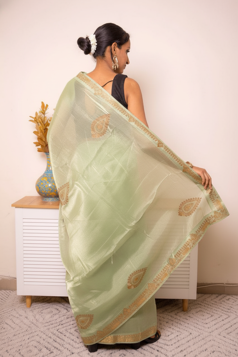 Orange Crush Tissue Silk Saree Green Gold Paisley Border (VS-YKS775) - 4