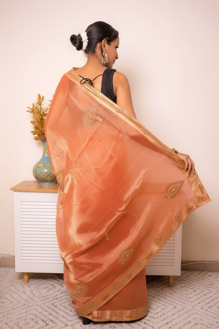Deep Peach Crush Tissue Silk Saree Gold Paisley Border (VS-YKS775) - 4