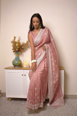 Lucknawi Chikankari Tissue Silk Saree in Radiant Yellow — dusty-rose-pink - 4