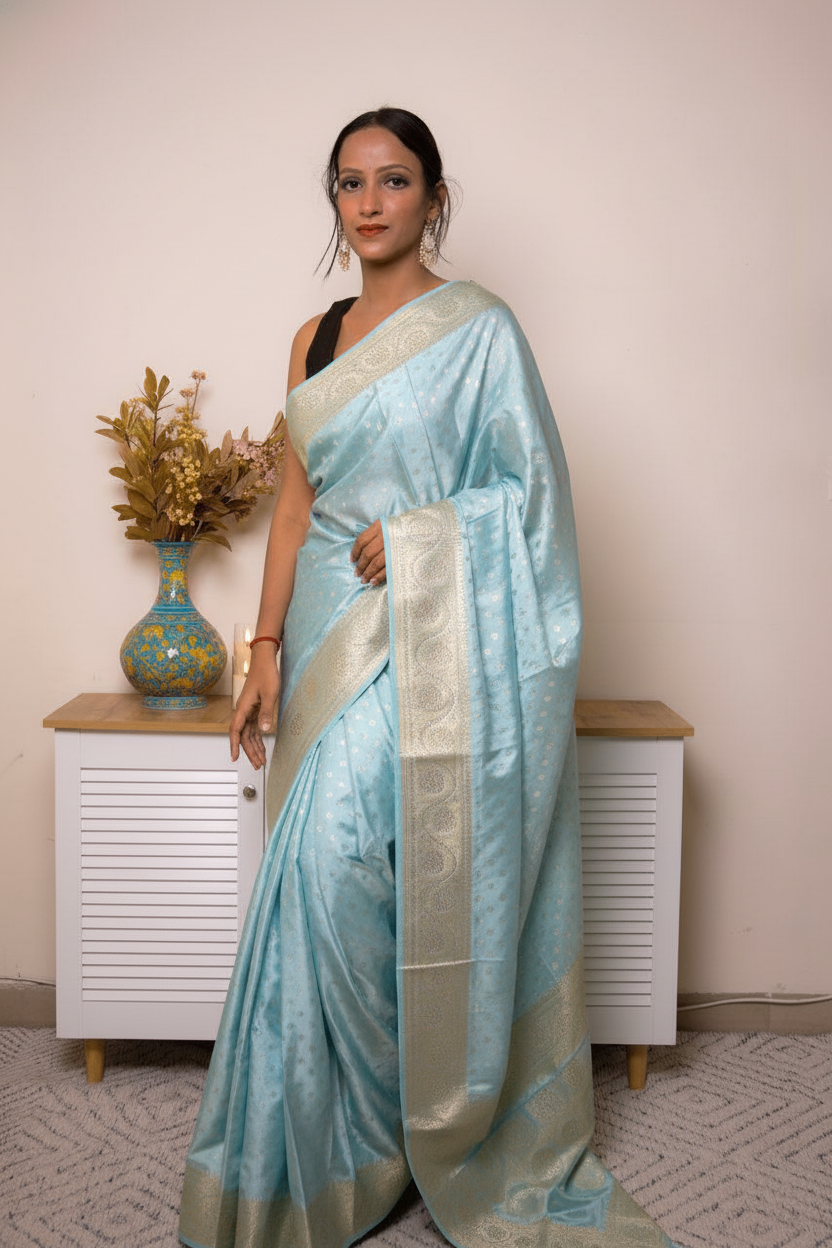 Peach Banarasi Silk Saree with Gold Zari Border, all over Buti with swarovski — powder_blue - 4