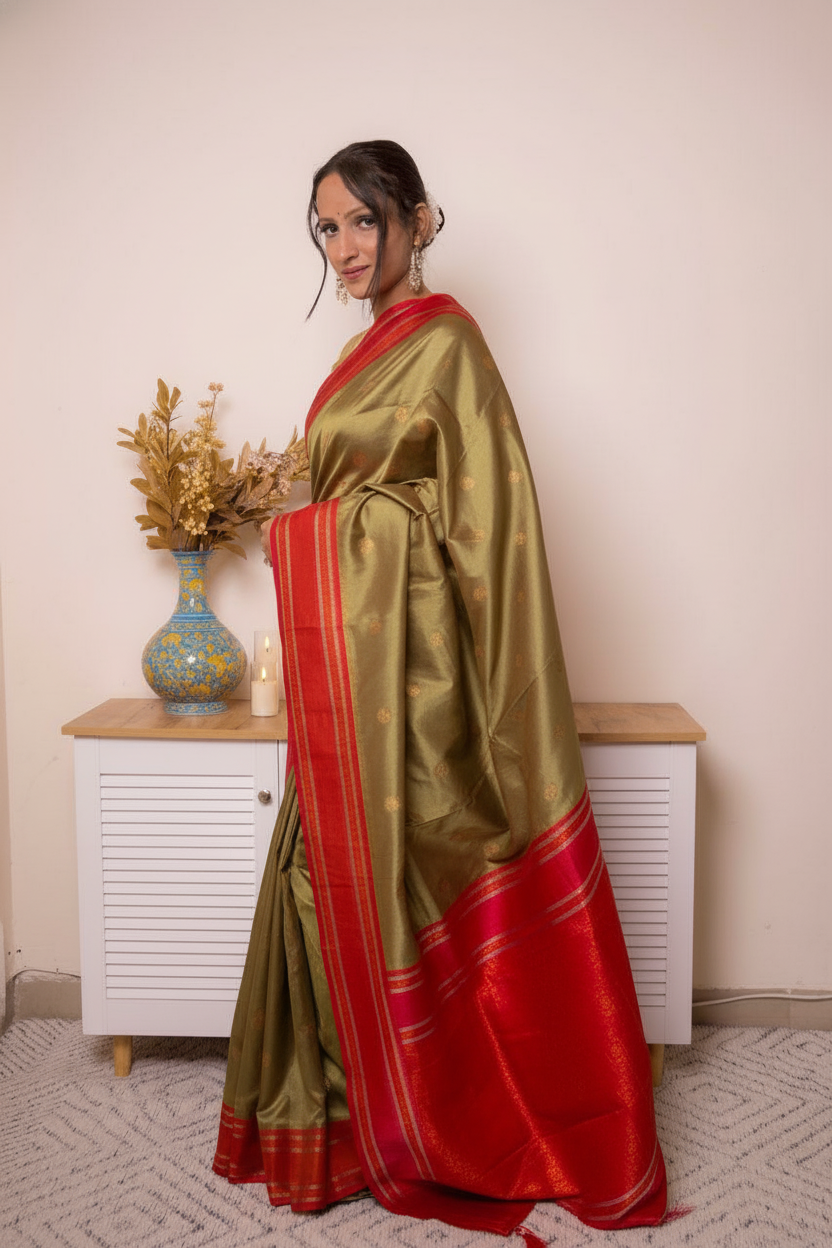 Rose-Lilac Paithani Silk Saree with Red Zari Border — green_pink - 4