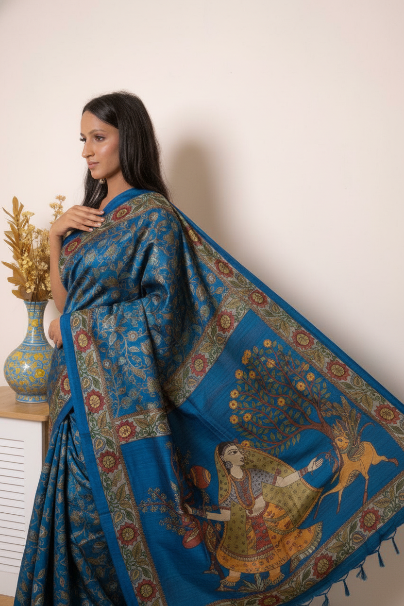 Elegant Madhubani Tussar Silk Saree — peacock blue - 4