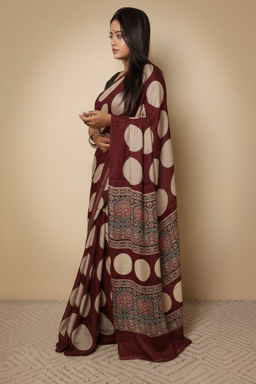 Maroon Ivory Ajrakh Polka Modal Saree With Printed Border (VS-KYA148) - 4