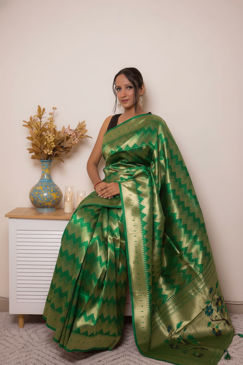 Fuchsia Paithani Silk Saree with Gold Zari & Floral Pallu — green - 5