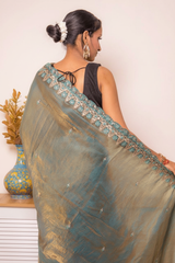 Pink-Copper Crush Tissue Silk Saree with Embroidered Border — blue_gold - 5