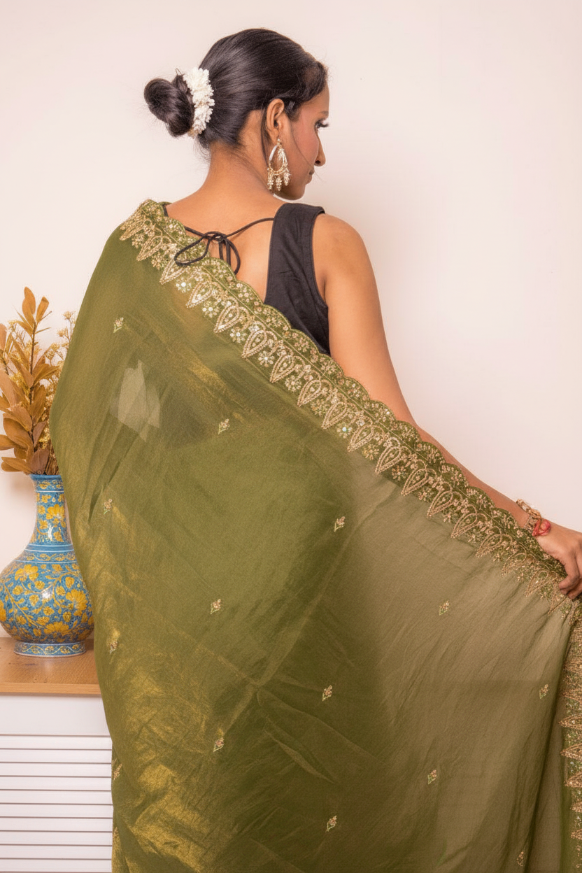 Pink-Copper Crush Tissue Silk Saree with Embroidered Border — olive_green - 5