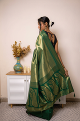 Teal-Gold Paithani Silk Saree with Zari Brocade — green - 5