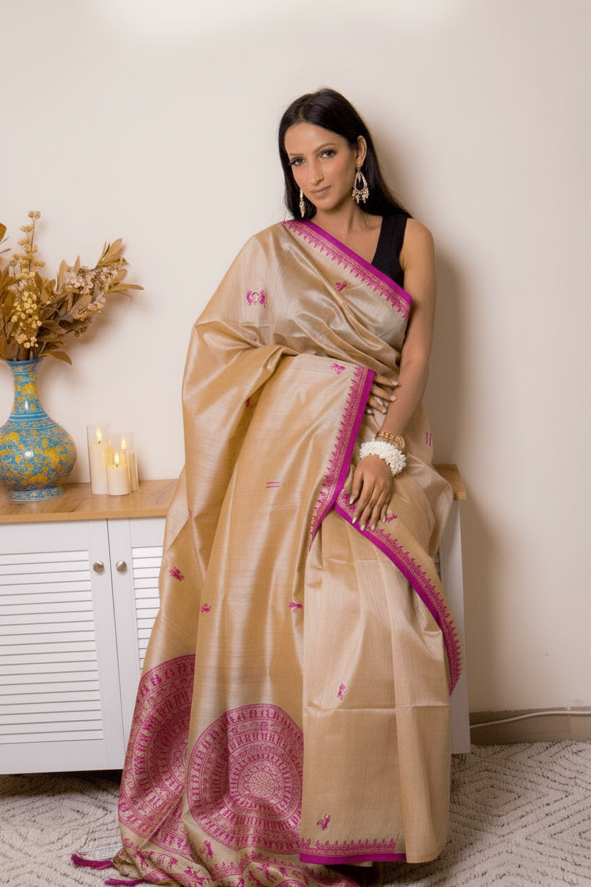 Elegant Worli Art Tussar Silk Saree — magenta - 5