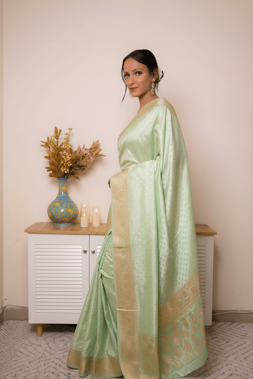 Peach Banarasi Silk Saree with Gold Zari Border, all over Buti with swarovski — pistachio_green - 5