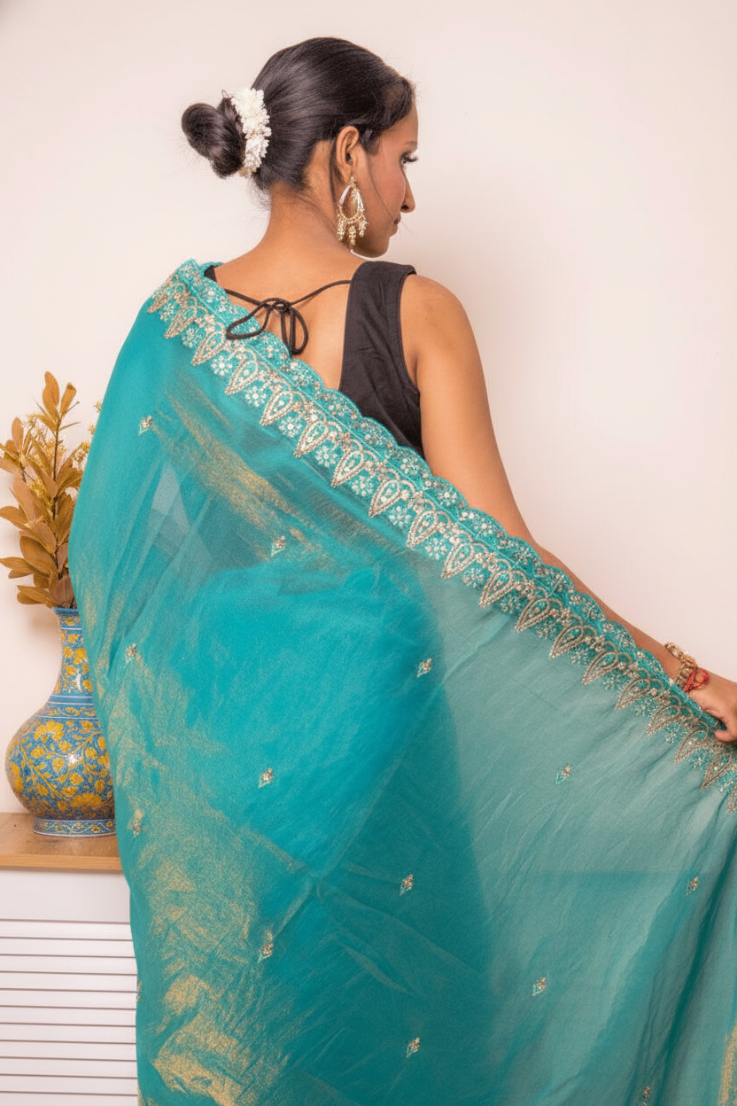 Pink-Copper Crush Tissue Silk Saree with Embroidered Border — blue - 5