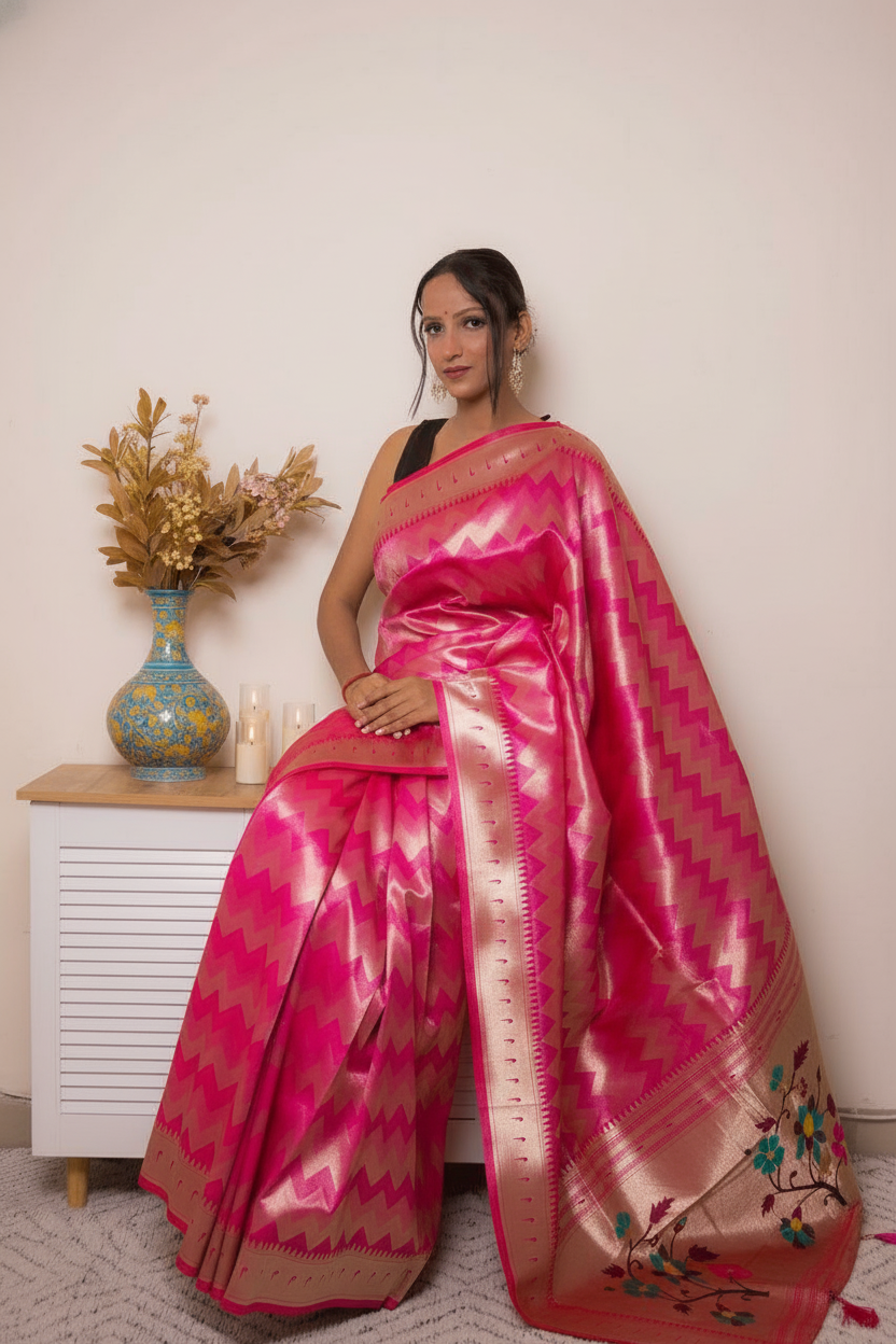 Fuchsia Paithani Silk Saree with Gold Zari & Floral Pallu — rich_pink - 5