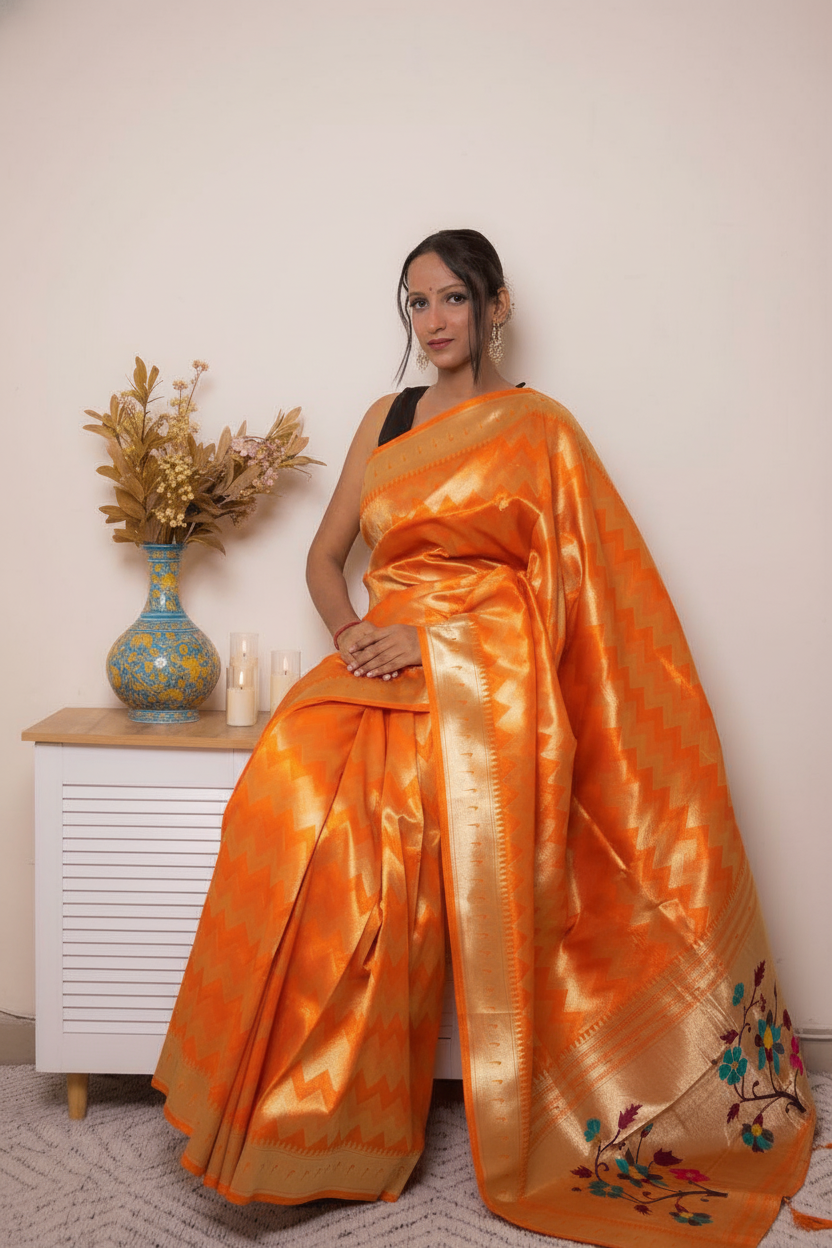 Fuchsia Paithani Silk Saree with Gold Zari & Floral Pallu — orange - 5