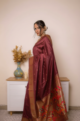 Sage Green Paithani Silk Saree with Gold Zari Pallu — maroon - 5