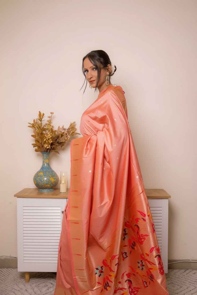 Sage Green Paithani Silk Saree with Gold Zari Pallu — aegean - 5