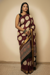 Maroon Ivory Ajrakh Polka Modal Saree With Printed Border (VS-KYA148) - 5
