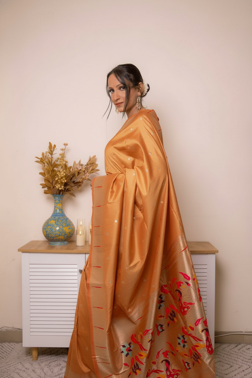 Sage Green Paithani Silk Saree with Gold Zari Pallu — mustard_yellow - 5