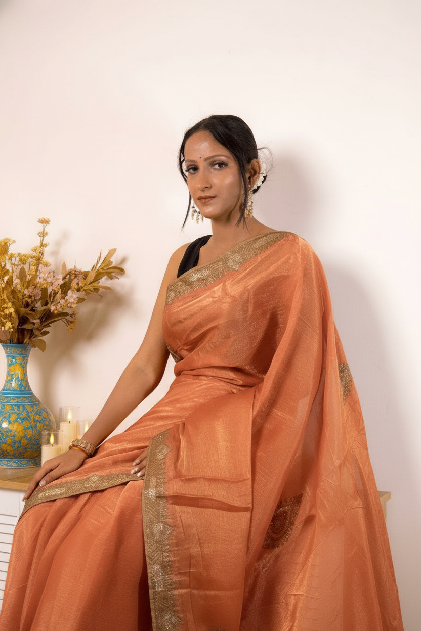 Deep Peach Crush Tissue Silk Saree Gold Paisley Border (VS-YKS775) - 5