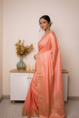 Peach Banarasi Silk Saree with Gold Zari Border, all over Buti with swarovski — coral_pink - 5