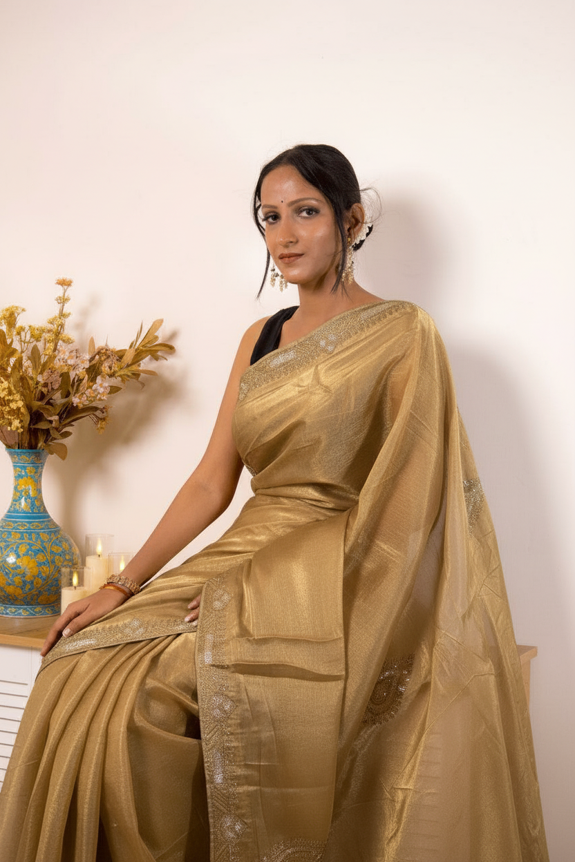 Orange Crush Tissue Silk Saree with Gold Paisley Border — golden_beige (VS-YKS775) - 5