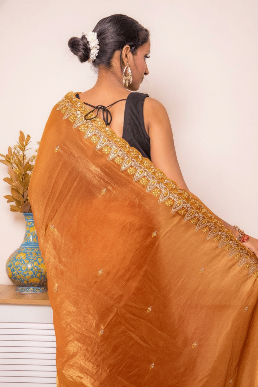 Pink-Copper Crush Tissue Silk Saree with Embroidered Border — burnt_orange - 5