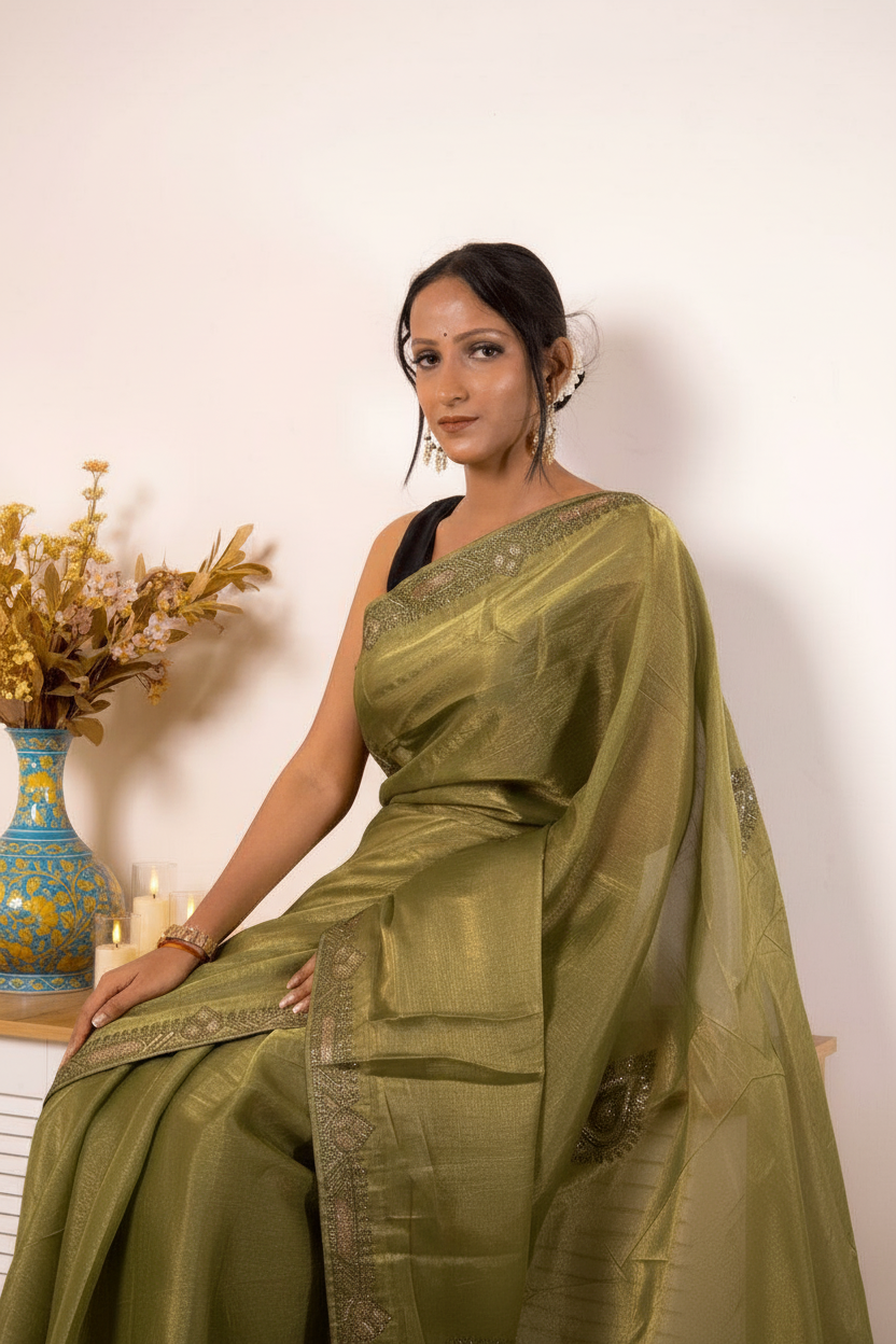 Desaturated Green Tissue Silk Saree With Gold Paisley Border (VS-YKS775) - 5