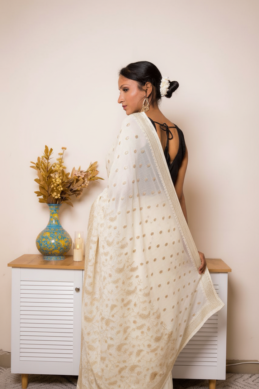 Wine Embroidered Georgette Saree with tiny flower Buti and swarovski — ivory - 6