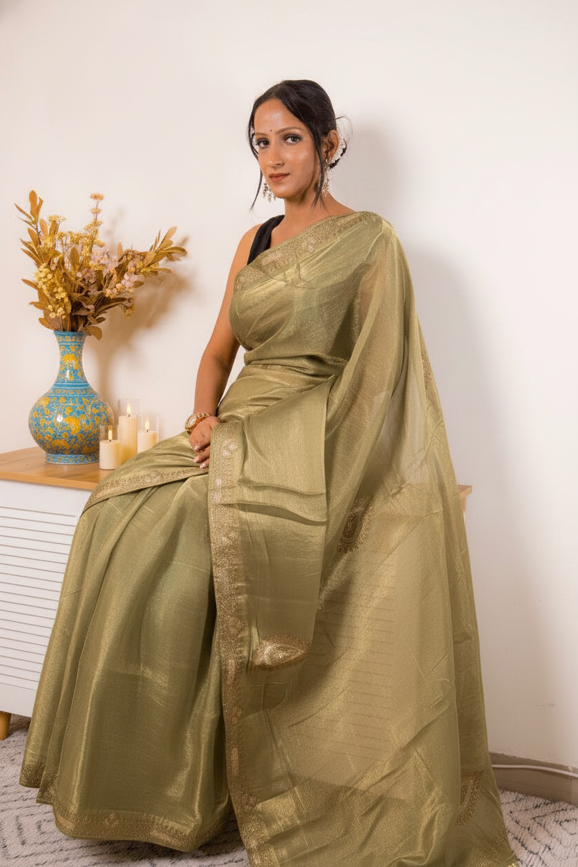 Desaturated Green Tissue Silk Saree With Gold Paisley Border (VS-YKS775) - 6