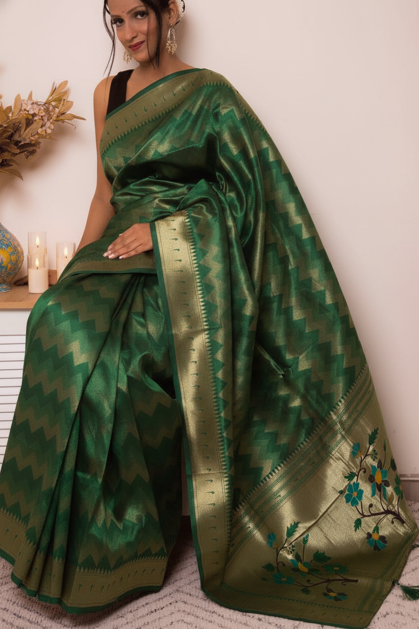 Fuchsia Paithani Silk Saree with Gold Zari & Floral Pallu — green - 6