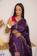 Elegant Satin Saree with Pita work — deep_purple - 5