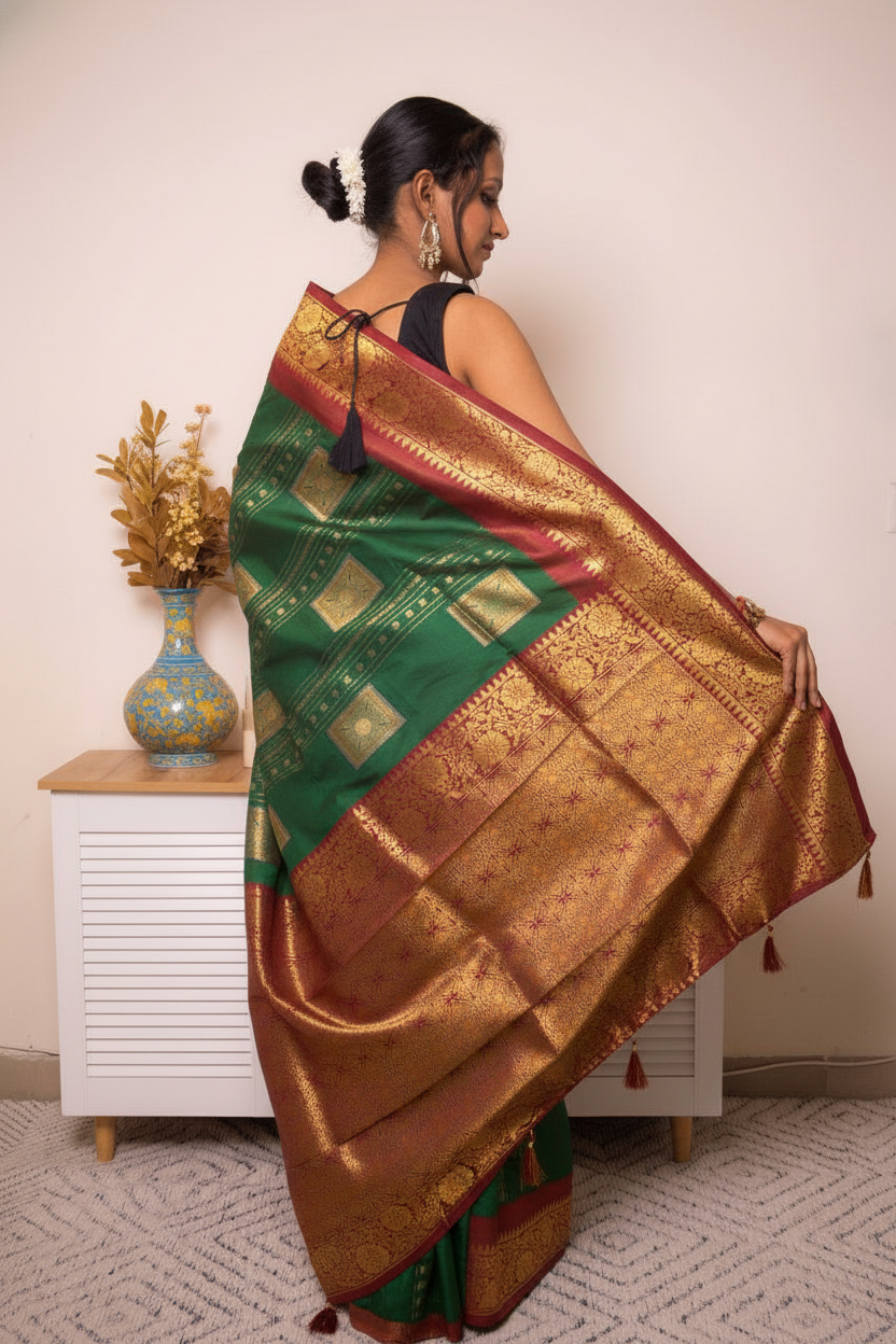 Fuchsia Paithani Silk Saree with Gold Zari Border — light_green_red - 6