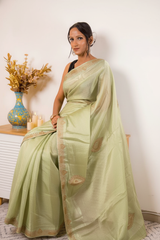 Orange Crush Tissue Silk Saree Green Gold Paisley Border (VS-YKS775) - 6