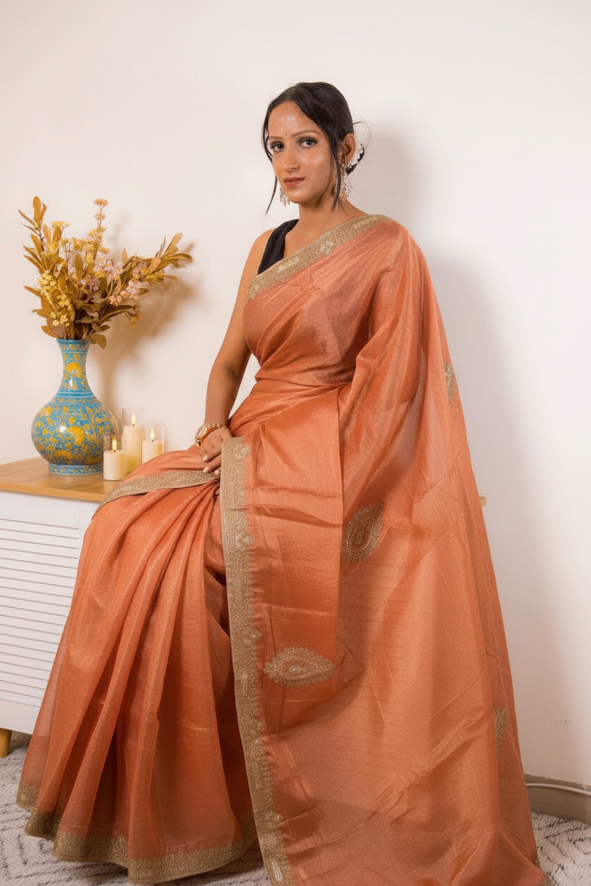Deep Peach Crush Tissue Silk Saree Gold Paisley Border (VS-YKS775) - 6
