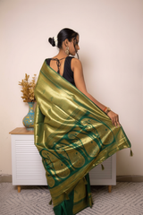 Teal-Gold Paithani Silk Saree with Zari Brocade — green - 6