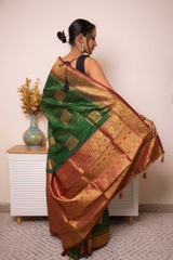 Fuchsia Paithani Silk Saree with Gold Zari Border — green_red - 6