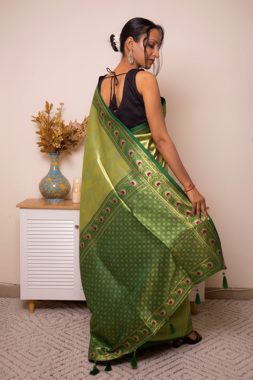 Gold-Purple Paithani Silk Saree with Maroon Border — Change-the-fabric-color-of-saree-to-light-green-and-all-red-color-of-fabric-to-bottle-green-Change-the-blue-of-motif-to-pink-Don-t-halucinate-motifs - 6
