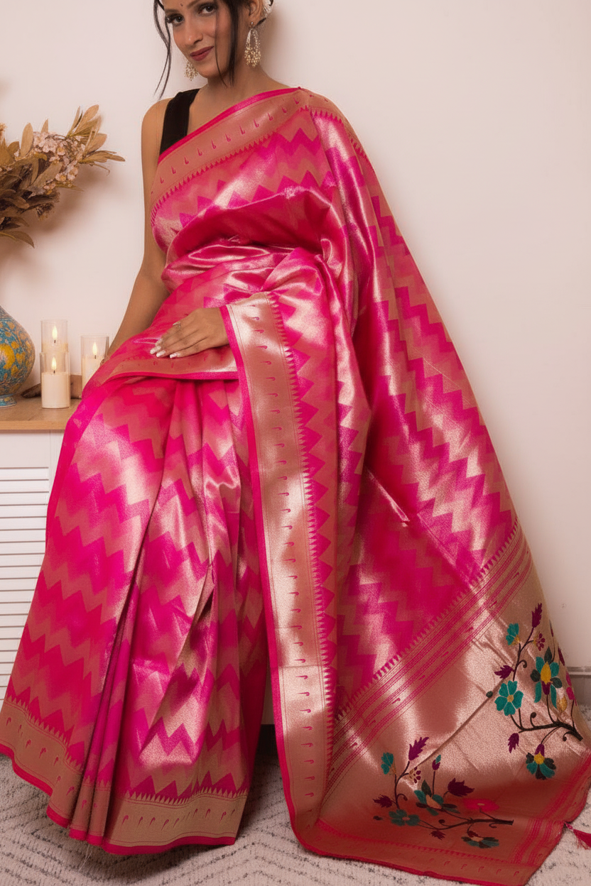 Fuchsia Paithani Silk Saree with Gold Zari & Floral Pallu — rich_pink - 6