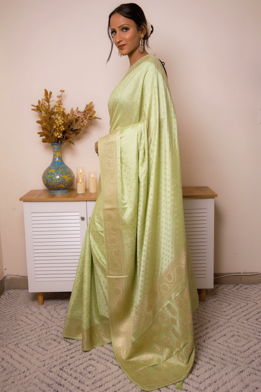 Peach Banarasi Silk Saree with Gold Zari Border, all over Buti with swarovski — pistachio_green - 6