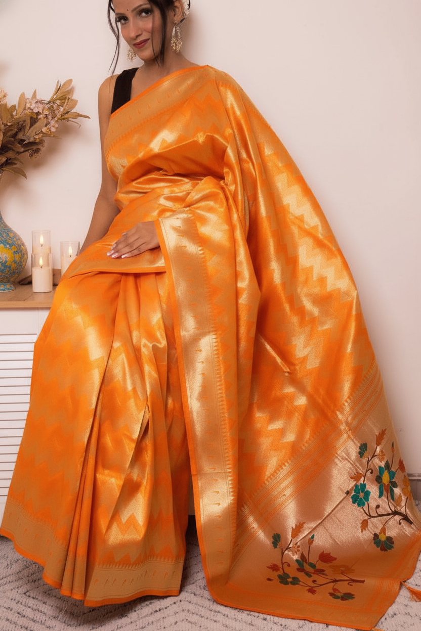 Fuchsia Paithani Silk Saree with Gold Zari & Floral Pallu — orange - 6
