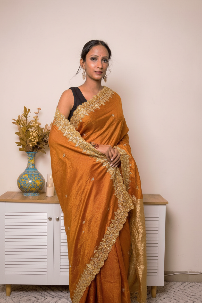 Pink-Copper Crush Tissue Silk Saree with Embroidered Border — burnt_orange - 6