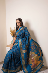 Elegant Madhubani Tussar Silk Saree — peacock blue - 6