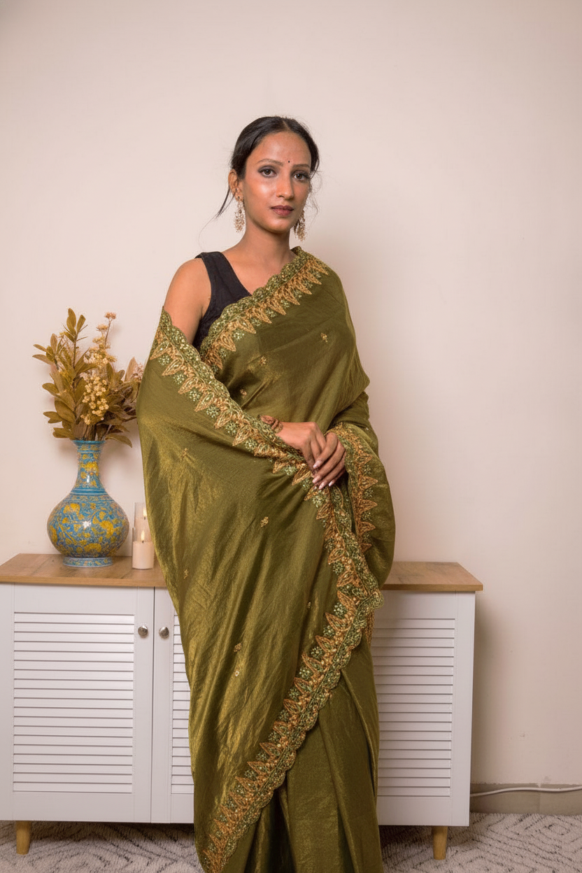 Pink-Copper Crush Tissue Silk Saree with Embroidered Border — olive_green - 6