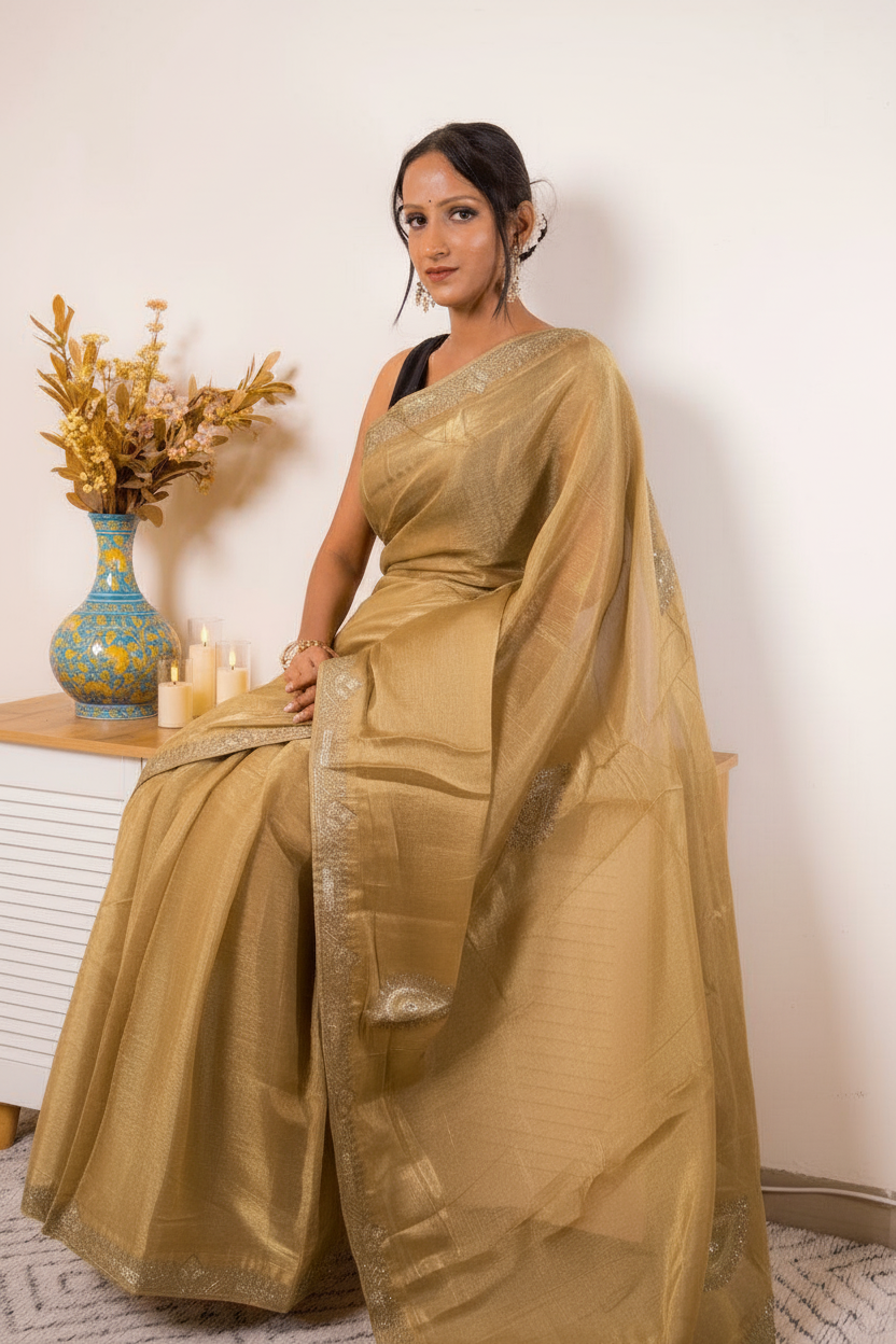 Orange Crush Tissue Silk Saree with Gold Paisley Border — golden_beige (VS-YKS775) - 6
