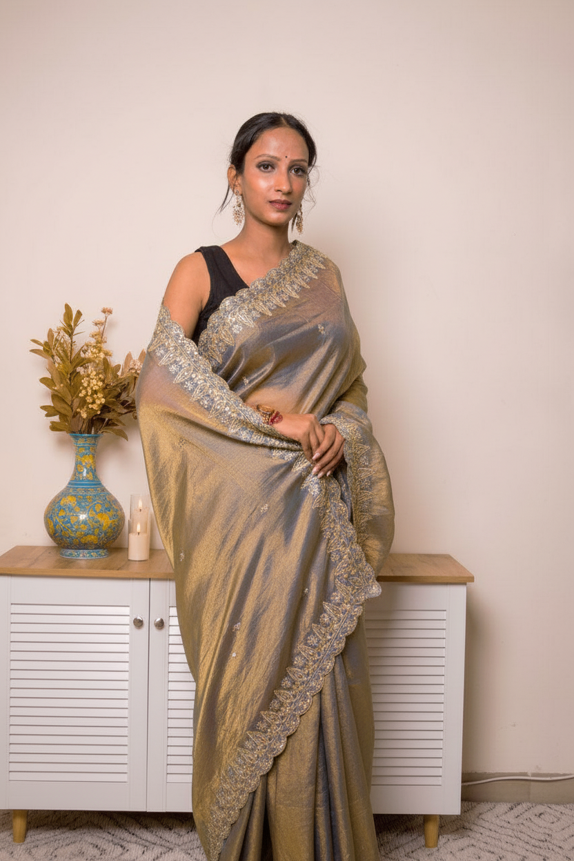 Pink-Copper Crush Tissue Silk Saree with Embroidered Border — blue_gold - 6