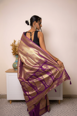 Teal-Gold Paithani Silk Saree with Zari Brocade — purple - 6