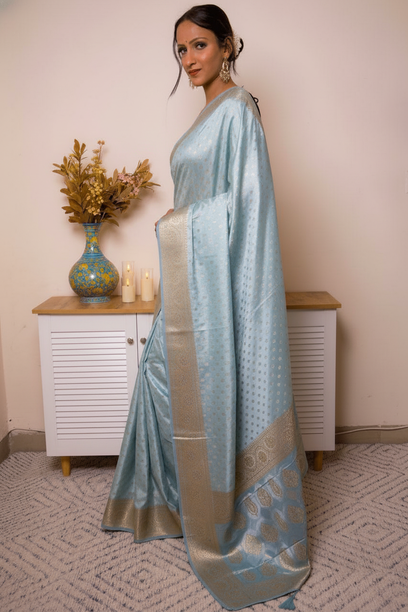 Peach Banarasi Silk Saree with Gold Zari Border, all over Buti with swarovski — powder_blue - 6