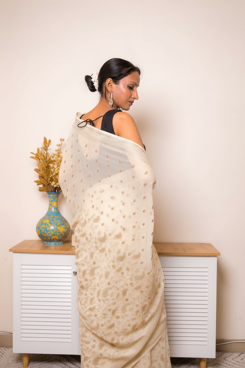 Wine Embroidered Georgette Saree with tiny flower Buti and swarovski — ivory - 7