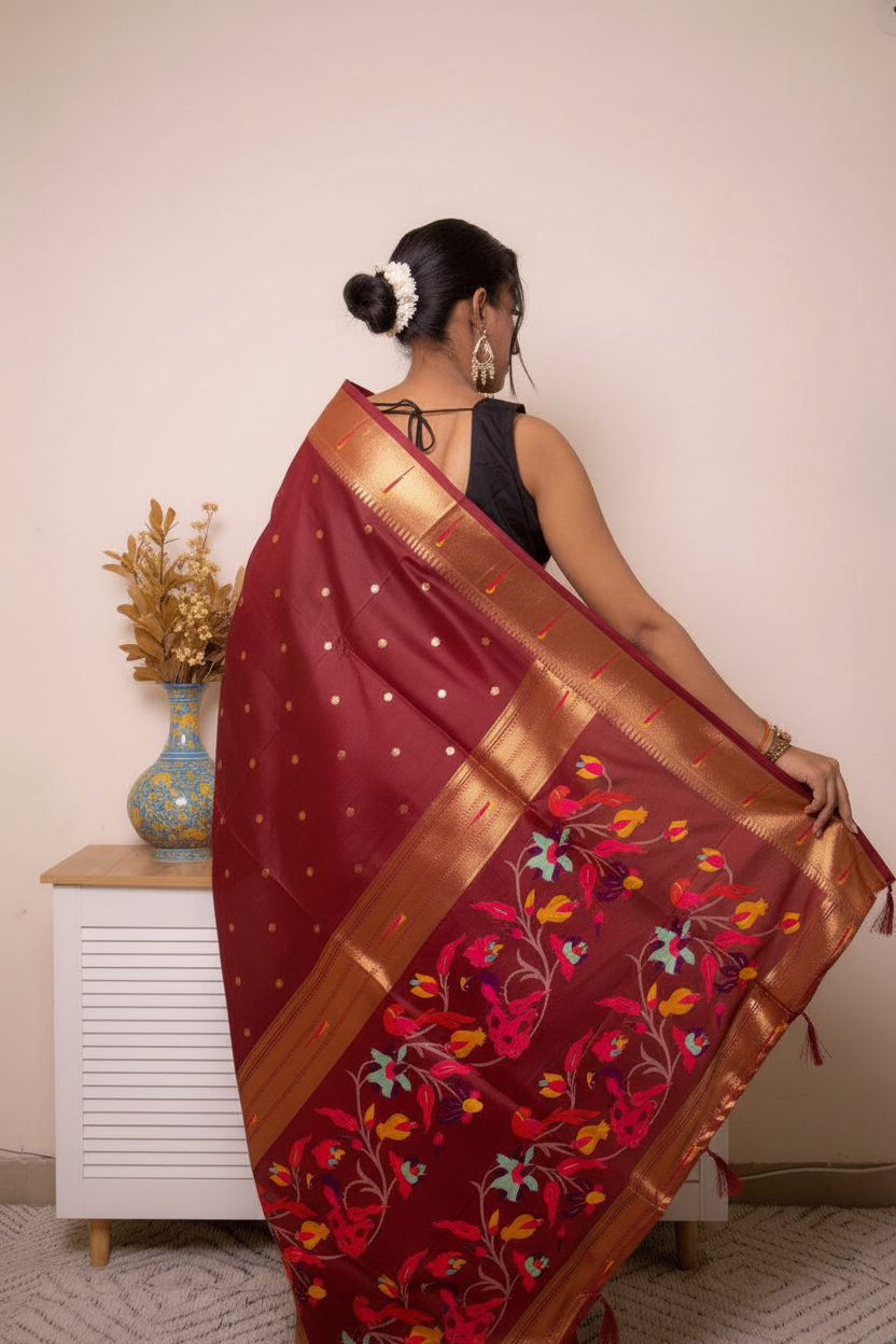 Sage Green Paithani Silk Saree with Gold Zari Pallu — maroon - 7