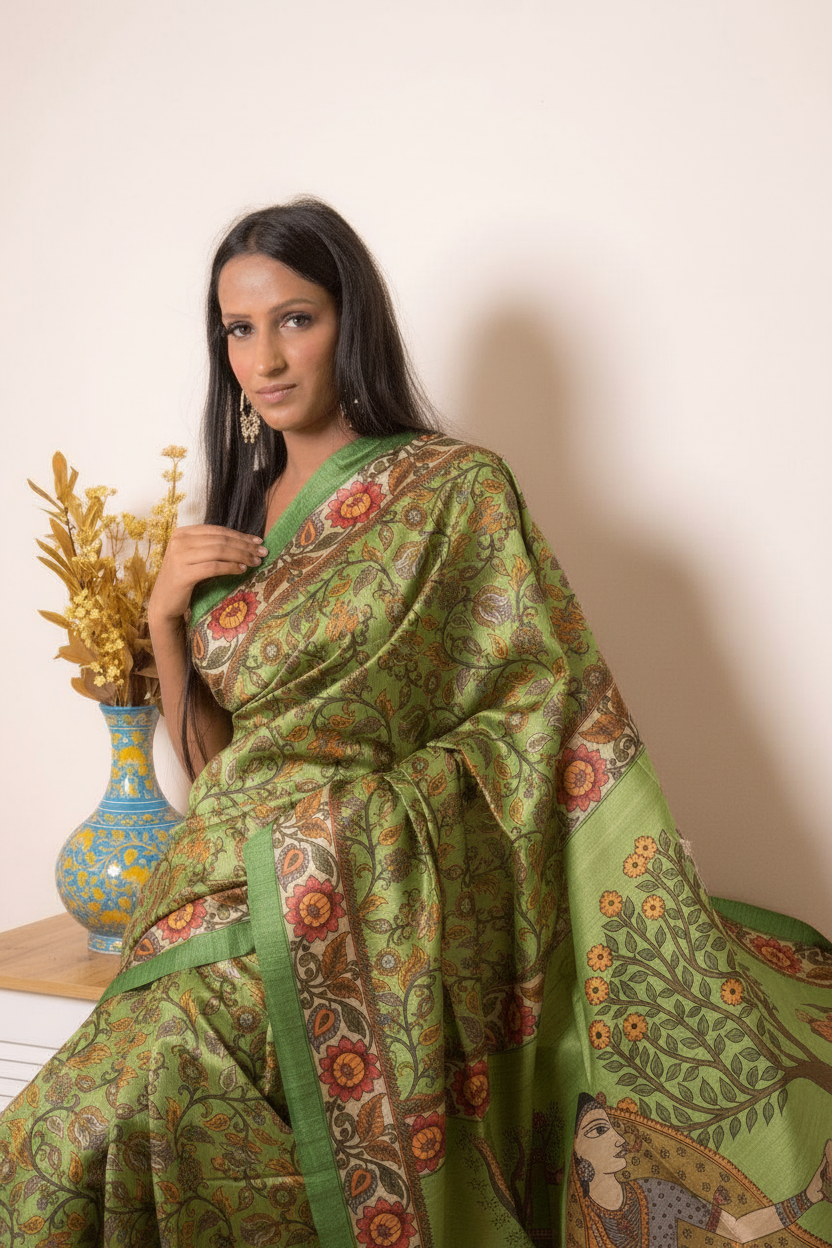Elegant Madhubani Tussar Silk Saree — green - 7