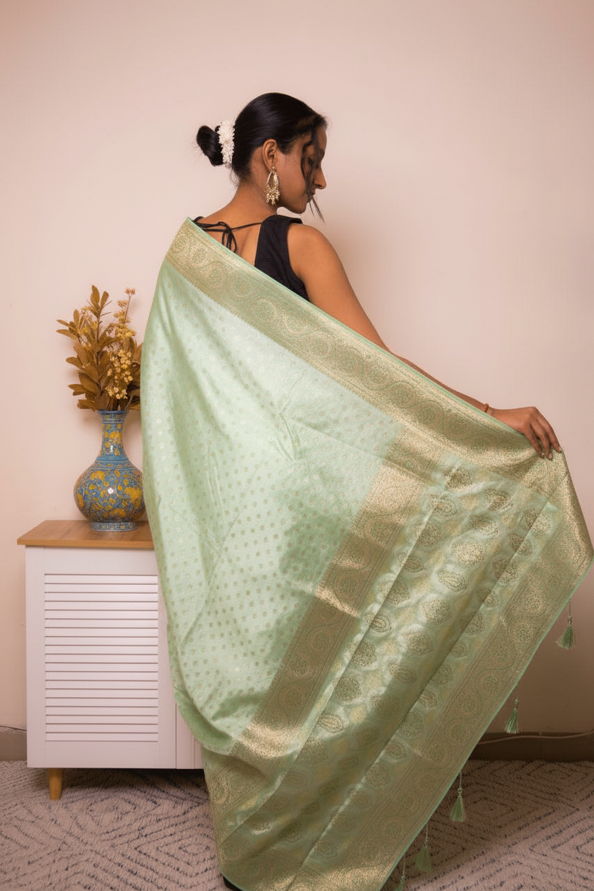 Peach Banarasi Silk Saree with Gold Zari Border, all over Buti with swarovski — pistachio_green - 7