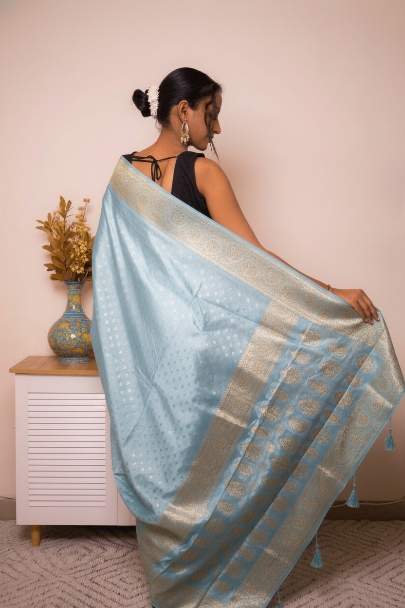 Peach Banarasi Silk Saree with Gold Zari Border, all over Buti with swarovski — powder_blue - 7